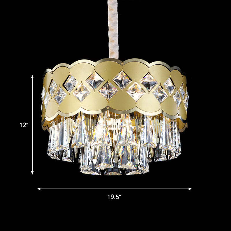 Gold Finish Drum Chandelier Modern Clear Crystal Drops 9 Heads Great Room Pendant Lighting, 19.5"/23.5" Width Clearhalo 'Ceiling Lights' 'Chandeliers' 'Modern Chandeliers' 'Modern' Lighting' 1417478