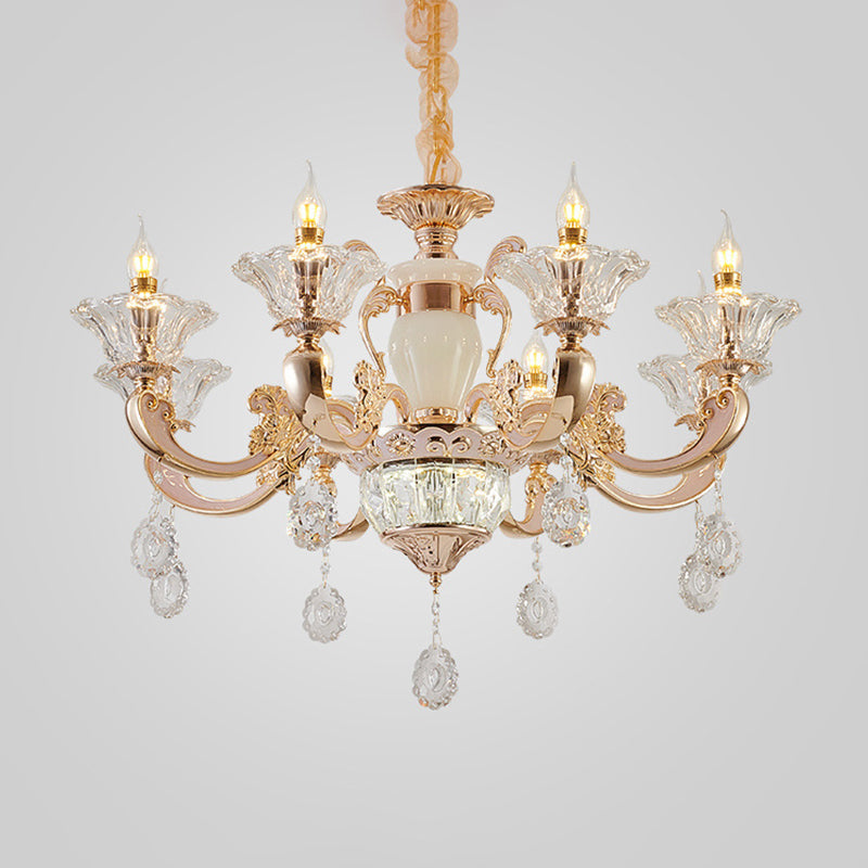 6/8 Bulbs Suspension Lighting Traditional Flower Clear Crystal Shade Chandelier with Curvy Arm in Gold Clearhalo 'Ceiling Lights' 'Chandeliers' Lighting' options 1417592
