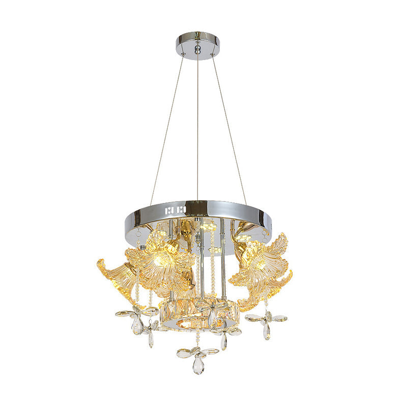 LED Hanging Lighting Modern Flower Amber Crystal Shade Chandelier Lamp for Dinning Room Clearhalo 'Ceiling Lights' 'Chandeliers' 'Modern Chandeliers' 'Modern' Lighting' 1417696