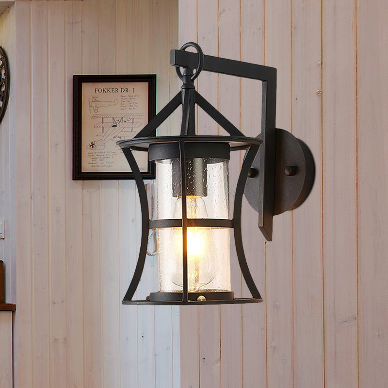Black One Light Sconce Light Industrial Clear Glass Cylinder Lighting Fixture with Rectangle/Round Backplate Clearhalo 'Art deco wall lights' 'Cast Iron' 'Glass' 'Industrial wall lights' 'Industrial' 'Middle century wall lights' 'Modern' 'Rustic wall lights' 'Tiffany' 'Traditional wall lights' 'Wall Lamps & Sconces' 'Wall Lights' Lighting' 1417779