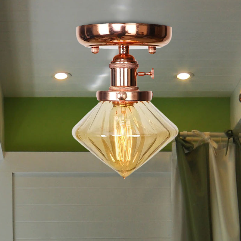 Single Bulb Semi Flush Mount Industrial Globe/Wide Flare/Diamond Light Fixture Ceiling with Clear/Amber Glass Shade Clearhalo 'Ceiling Lights' 'Chandeliers' 'Close To Ceiling Lights' 'Close to ceiling' 'Glass shade' 'Glass' 'Semi-flushmount' Lighting' 1417880