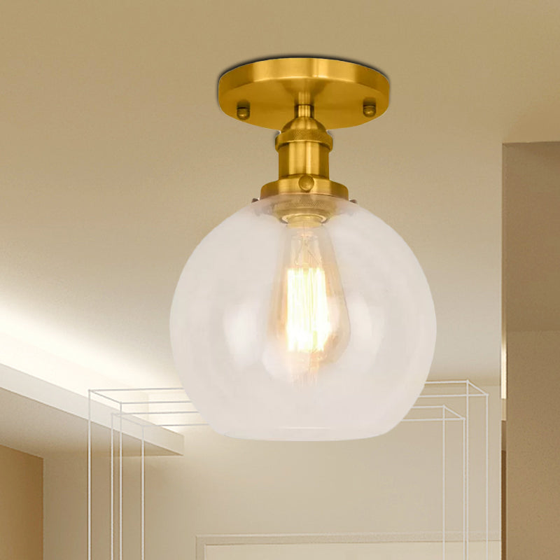 Spherical Balcony Semi Flush Industrial Clear Glass One Light Black/Brass/Copper Ceiling Light Fixture Clearhalo 'Ceiling Lights' 'Close To Ceiling Lights' 'Close to ceiling' 'Glass shade' 'Glass' 'Semi-flushmount' Lighting' 1417900