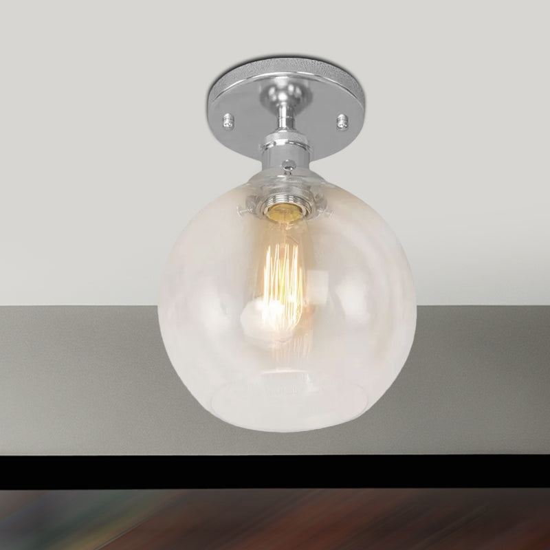 Spherical Balcony Semi Flush Industrial Clear Glass One Light Black/Brass/Copper Ceiling Light Fixture Clearhalo 'Ceiling Lights' 'Close To Ceiling Lights' 'Close to ceiling' 'Glass shade' 'Glass' 'Semi-flushmount' Lighting' 1417904