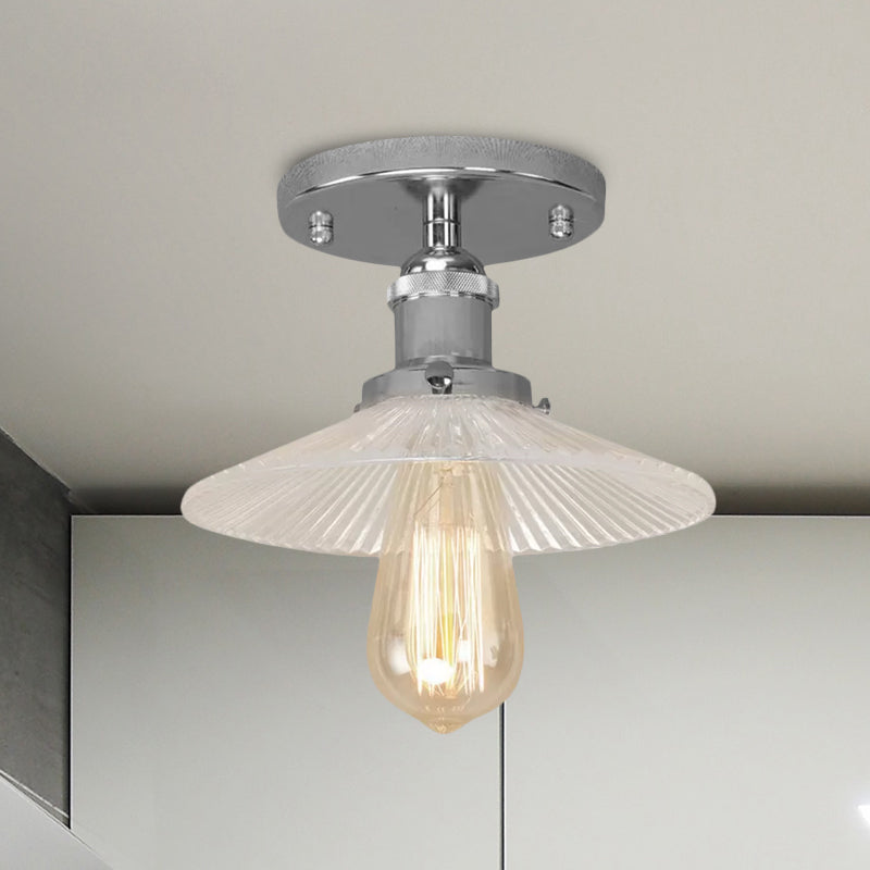Cone Ribbed Glass Semi Mount Lighting Industrial 1 Bulb Living Room Ceiling Light in Black/Brass/Copper Clearhalo 'Ceiling Lights' 'Close To Ceiling Lights' 'Close to ceiling' 'Flush mount' 'Industrial Flush Mount' Lighting' 1417945