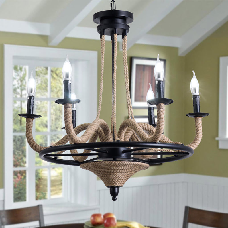 6 Bulb Chandelier Pendant Light Vintage Wagon Wheel Metal Hanging Lamp with Rope Detail in Black Clearhalo 'Ceiling Lights' 'Chandeliers' 'Industrial Chandeliers' 'Industrial' 'Middle Century Chandeliers' 'Tiffany' Lighting' 1418059