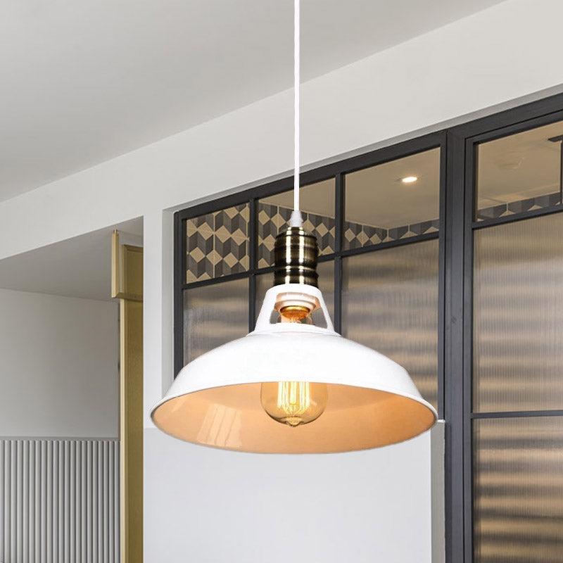 10.5/12/15 Inch Dia 1 Head Barn Pendant Lighting Industrial Black/White Metallic Suspension Light over Table Clearhalo 'Art Deco Pendants' 'Black' 'Cast Iron' 'Ceiling Lights' 'Ceramic' 'Crystal' 'Industrial Pendants' 'Industrial' 'Metal' 'Middle Century Pendants' 'Pendant Lights' 'Pendants' 'Rustic Pendants' 'Tiffany' Lighting' 1418115