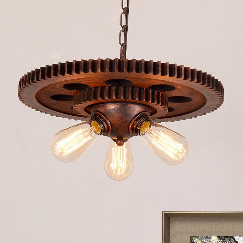 Dark Rust Exposed Bulb Pendant Light Retro Industrial Metal 3 Heads Restaurant Chandelier Lighting with Gear Decoration Clearhalo 'Cast Iron' 'Ceiling Lights' 'Chandeliers' 'Industrial Chandeliers' 'Industrial' 'Metal' 'Middle Century Chandeliers' 'Rustic Chandeliers' 'Tiffany' Lighting' 1418130