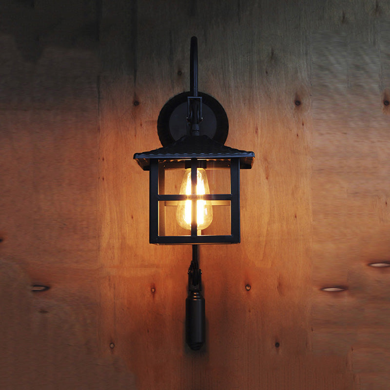 Square/Rectangle Cage Indoor Wall Lamp Farmhouse Style Metal 1 Light Black Wall Mounted Light with Pulley Clearhalo 'Art deco wall lights' 'Cast Iron' 'Glass' 'Industrial wall lights' 'Industrial' 'Middle century wall lights' 'Modern' 'Rustic wall lights' 'Tiffany' 'Traditional wall lights' 'Wall Lamps & Sconces' 'Wall Lights' Lighting' 1418141