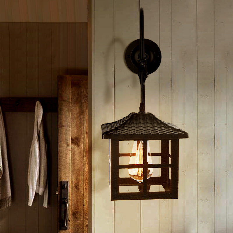 Square/Rectangle Cage Indoor Wall Lamp Farmhouse Style Metal 1 Light Black Wall Mounted Light with Pulley Clearhalo 'Art deco wall lights' 'Cast Iron' 'Glass' 'Industrial wall lights' 'Industrial' 'Middle century wall lights' 'Modern' 'Rustic wall lights' 'Tiffany' 'Traditional wall lights' 'Wall Lamps & Sconces' 'Wall Lights' Lighting' 1418143