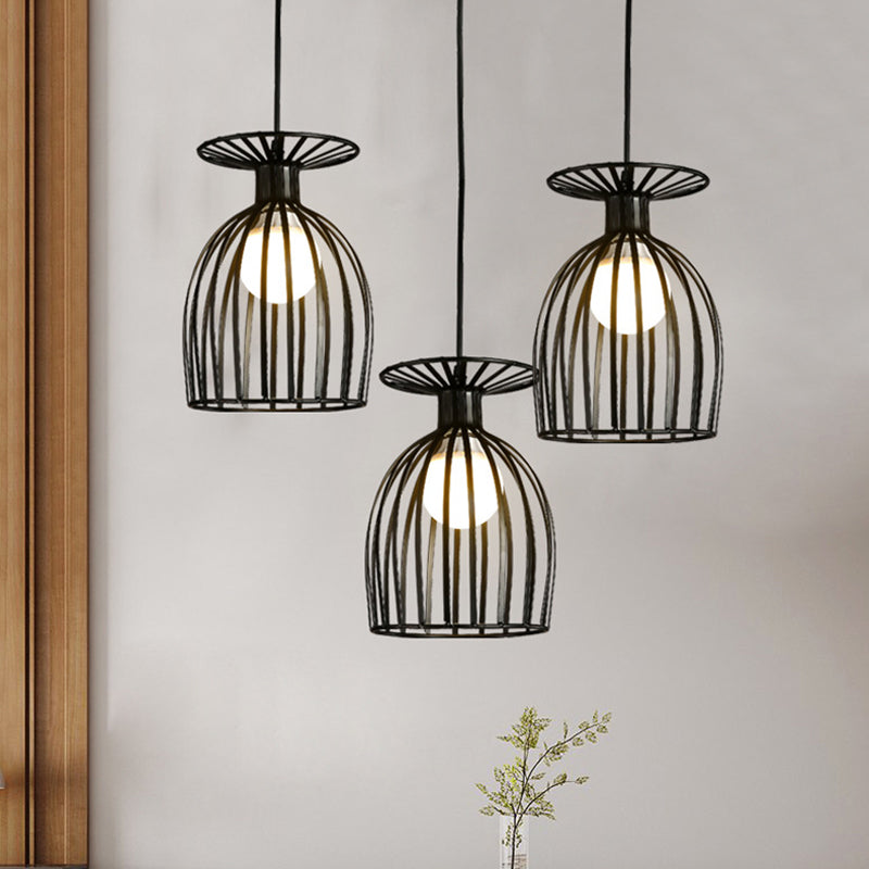 Wine Glass Metal Pendant Light Fixture with Cage Shade Industrial 3 Lights Dining Room Ceiling Light in Black/White Black Round Clearhalo 'Art Deco Pendants' 'Black' 'Cast Iron' 'Ceiling Lights' 'Ceramic' 'Crystal' 'Industrial Pendants' 'Industrial' 'Metal' 'Middle Century Pendants' 'Pendant Lights' 'Pendants' 'Rustic Pendants' 'Tiffany' Lighting' 1418238