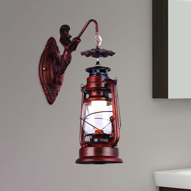 Rust One Light Sconce Light Industrial Clear Glass Lantern Lighting Fixture for Corridor Clearhalo 'Art deco wall lights' 'Cast Iron' 'Glass' 'Industrial wall lights' 'Industrial' 'Middle century wall lights' 'Modern' 'Rustic wall lights' 'Tiffany' 'Traditional wall lights' 'Wall Lamps & Sconces' 'Wall Lights' Lighting' 1418472