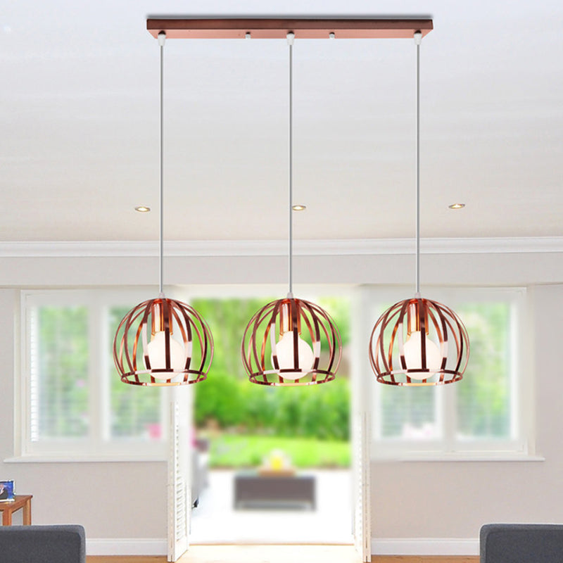 Domed Metal Hanging Lamp with Wire Cage Shade Industrial 3 Heads Living Room Ceiling Pendant in Copper Clearhalo 'Art Deco Pendants' 'Cast Iron' 'Ceiling Lights' 'Ceramic' 'Crystal' 'Industrial Pendants' 'Industrial' 'Metal' 'Middle Century Pendants' 'Pendant Lights' 'Pendants' 'Tiffany' Lighting' 1418596