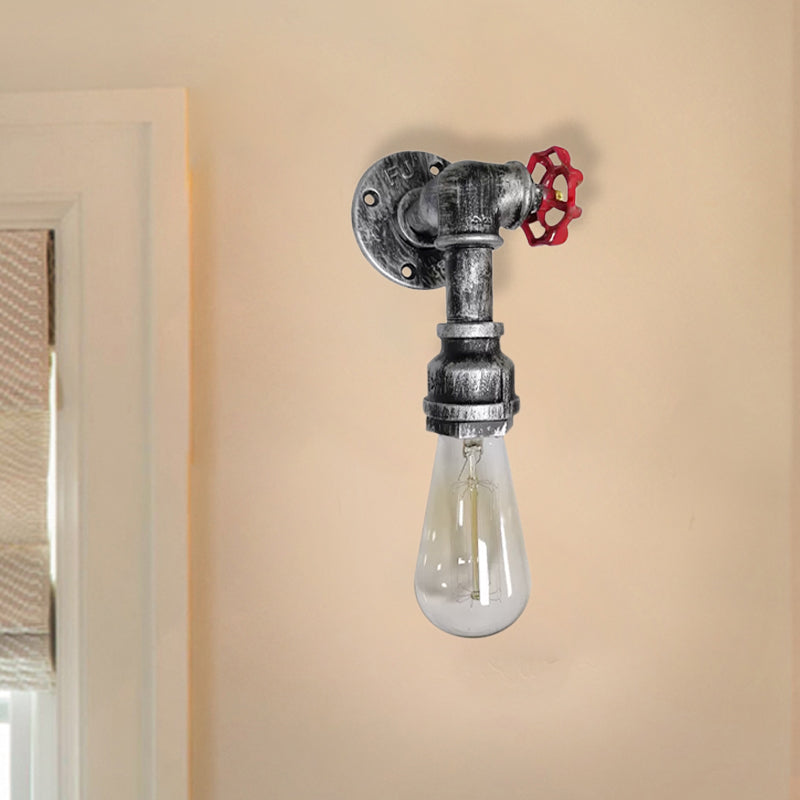1 Head Metal Wall Lighting Industrial Black/Antique Brass Water Pipe Bedroom Sconce Light with Valve Clearhalo 'Art deco wall lights' 'Cast Iron' 'Glass' 'Industrial wall lights' 'Industrial' 'Middle century wall lights' 'Modern' 'Rustic wall lights' 'Tiffany' 'Traditional wall lights' 'Wall Lamps & Sconces' 'Wall Lights' Lighting' 1419257