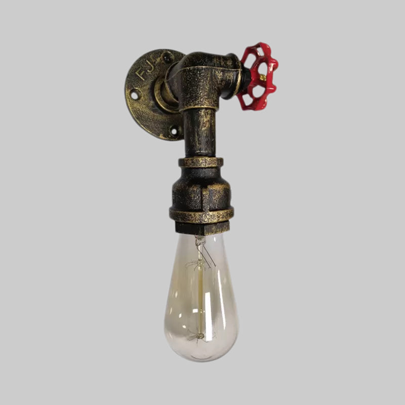 1 Head Metal Wall Lighting Industrial Black/Antique Brass Water Pipe Bedroom Sconce Light with Valve Clearhalo 'Art deco wall lights' 'Cast Iron' 'Glass' 'Industrial wall lights' 'Industrial' 'Middle century wall lights' 'Modern' 'Rustic wall lights' 'Tiffany' 'Traditional wall lights' 'Wall Lamps & Sconces' 'Wall Lights' Lighting' 1419258