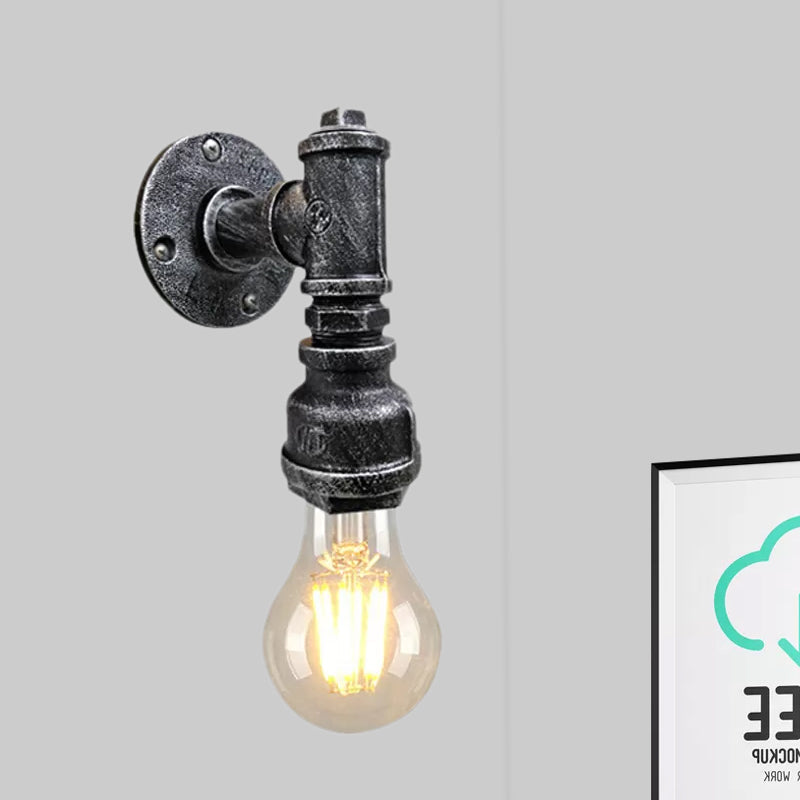 1 Light Iron Wall Sconce Lighting Industrial Black/Aged Silver Bare Bulb Indoor Wall Mounted Lamp with Water Pipe Clearhalo 'Art deco wall lights' 'Cast Iron' 'Glass' 'Industrial wall lights' 'Industrial' 'Middle century wall lights' 'Modern' 'Rustic wall lights' 'Tiffany' 'Traditional wall lights' 'Wall Lamps & Sconces' 'Wall Lights' Lighting' 1419262