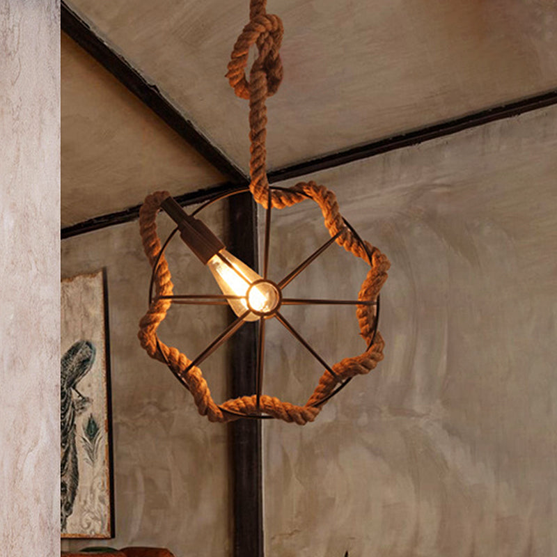 1 Head Wheel Cage Pendant Lighting Industrial Beige Rope and Metal Adjustable Hanging Ceiling Light Clearhalo 'Art Deco Pendants' 'Cast Iron' 'Ceiling Lights' 'Ceramic' 'Crystal' 'Industrial Pendants' 'Industrial' 'Metal' 'Middle Century Pendants' 'Pendant Lights' 'Pendants' 'Tiffany' Lighting' 1419297