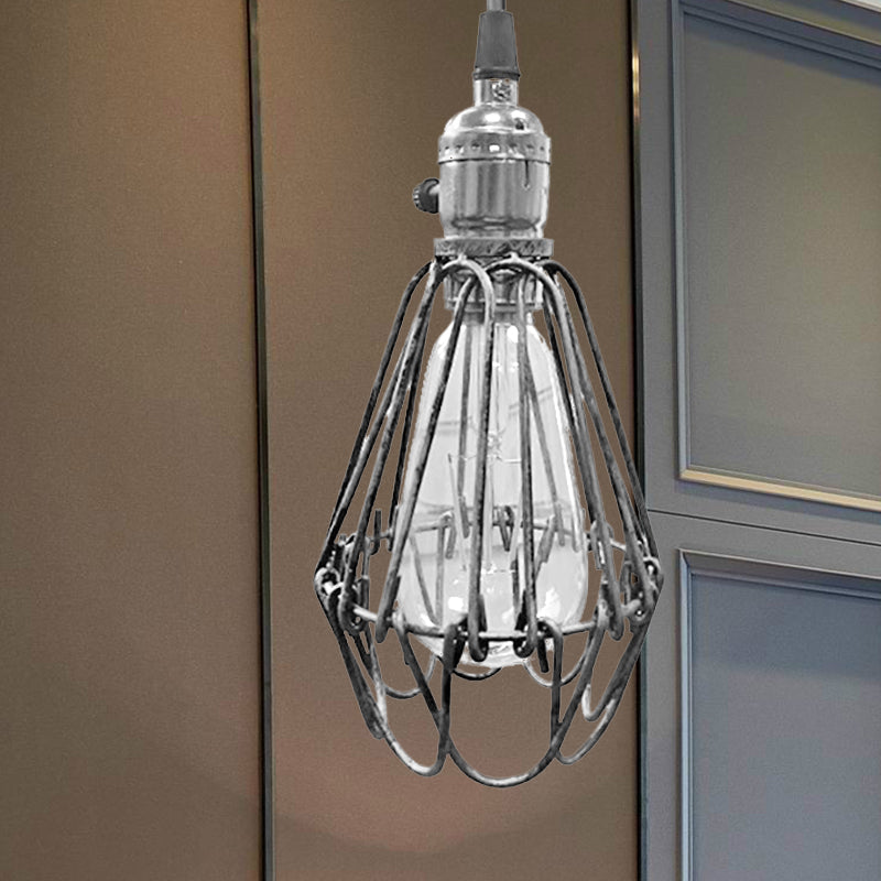 Metal Wire Frame Ceiling Pendant Light Farmhouse Style 1 Light Living Room Hanging Lamp in Aged Silver/Antique Copper Clearhalo 'Art Deco Pendants' 'Cast Iron' 'Ceiling Lights' 'Ceramic' 'Crystal' 'Industrial Pendants' 'Industrial' 'Metal' 'Middle Century Pendants' 'Pendant Lights' 'Pendants' 'Tiffany' Lighting' 1419325