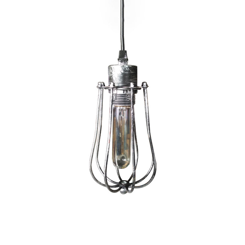 Wrought Iron Caged Hanging Pendant Light Rustic Industrial 1 Head Coffee Shop Suspension Light in Aged Silver/Weathered Copper Clearhalo 'Art Deco Pendants' 'Cast Iron' 'Ceiling Lights' 'Ceramic' 'Crystal' 'Industrial Pendants' 'Industrial' 'Metal' 'Middle Century Pendants' 'Pendant Lights' 'Pendants' 'Tiffany' Lighting' 1419327