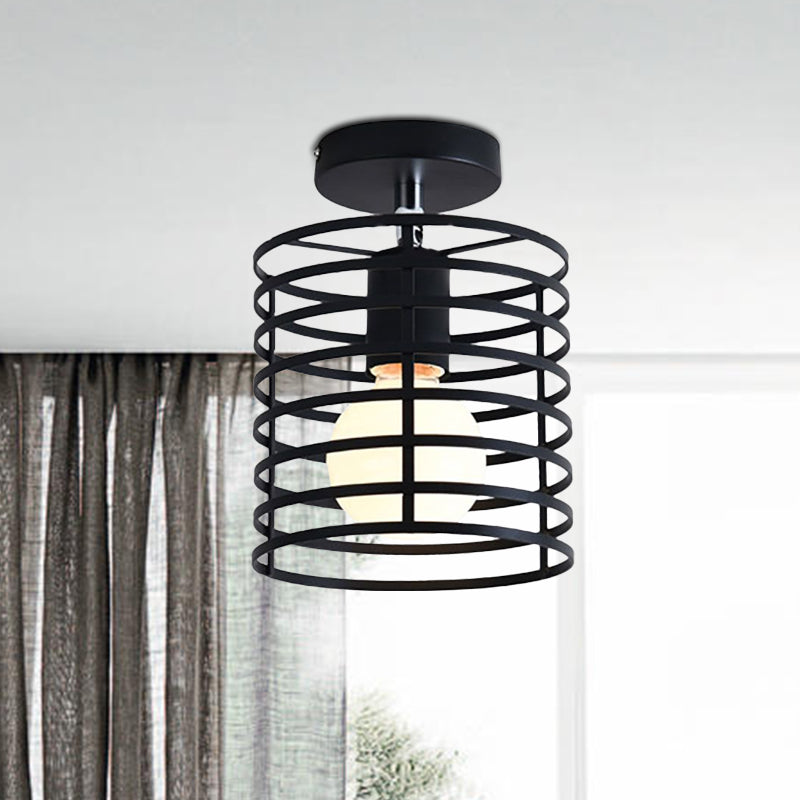 Cylinder/Drum Cage Bedroom Semi-Flush Ceiling Fixture Retro Vintage Metal 1 Head Black Rotatable Semi Flush Light Clearhalo 'Ceiling Lights' 'Close To Ceiling Lights' 'Close to ceiling' 'Semi-flushmount' Lighting' 1419344
