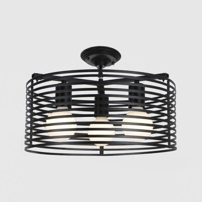 Black Drum Design Semi Flush Light with Wire Frame Vintage Retro Metallic 3 Heads Foyer Semi Flush Mount Light, 16"/16.5" W Clearhalo 'Ceiling Lights' 'Close To Ceiling Lights' 'Close to ceiling' 'Semi-flushmount' Lighting' 1419353