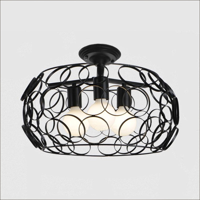 Black Drum Design Semi Flush Light with Wire Frame Vintage Retro Metallic 3 Heads Foyer Semi Flush Mount Light, 16"/16.5" W Clearhalo 'Ceiling Lights' 'Close To Ceiling Lights' 'Close to ceiling' 'Semi-flushmount' Lighting' 1419355