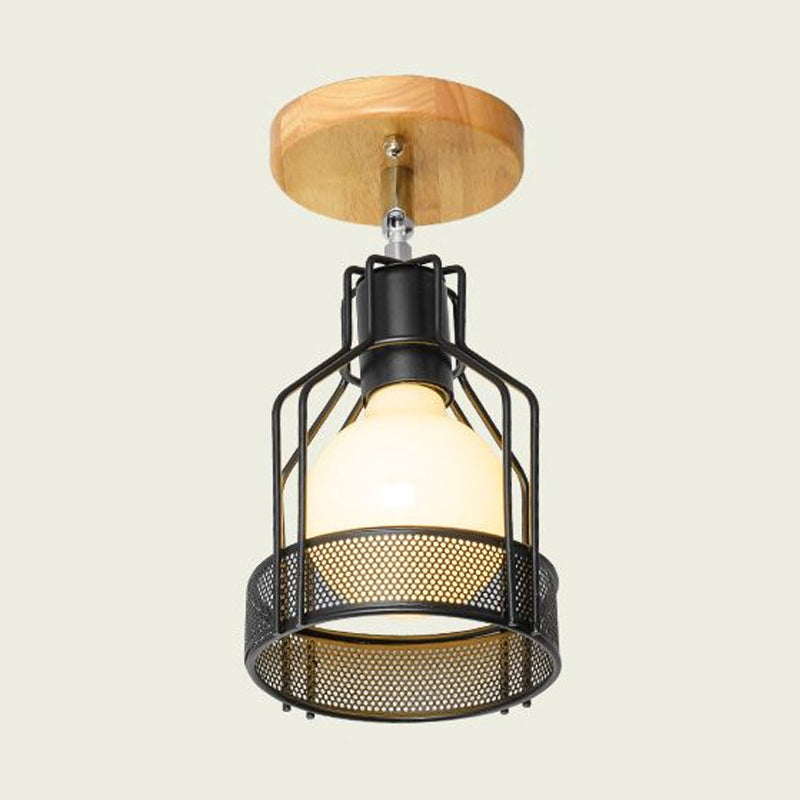 1 Bulb Wire Cage Semi-Flush Ceiling Fixture Industrial Loft Black Metallic Rotatable Ceiling Mounted Fixture, 4"/5.5" Dia Clearhalo 'Ceiling Lights' 'Close To Ceiling Lights' 'Close to ceiling' 'Semi-flushmount' Lighting' 1419359