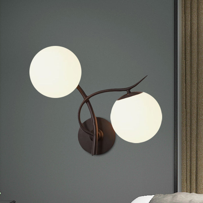 Modern Globe Wall Lighting Fixture 2 Bulbs Milky Glass Sconce Light in Black Clearhalo 'Cast Iron' 'Glass' 'Industrial' 'Modern wall lights' 'Modern' 'Tiffany' 'Traditional wall lights' 'Wall Lamps & Sconces' 'Wall Lights' Lighting' 1419552