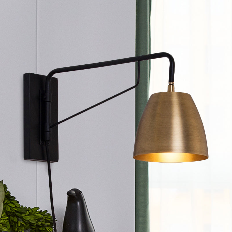 Brass 1 Light Sconce Lighting Loft Style Metallic Barrel Shade Wall Light Sconce with Angle Arm for Bedroom Clearhalo 'Art deco wall lights' 'Cast Iron' 'Glass' 'Industrial wall lights' 'Industrial' 'Middle century wall lights' 'Modern' 'Rustic wall lights' 'Tiffany' 'Traditional wall lights' 'Wall Lamps & Sconces' 'Wall Lights' Lighting' 1419653