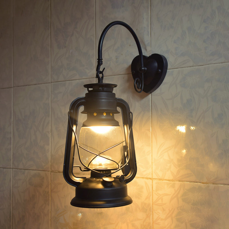 Coastal Lantern Wall Lighting Fixture 1 Bulb Clear Glass Sconce Light in Black/Bronze/Copper for Corridor Clearhalo 'Art deco wall lights' 'Cast Iron' 'Glass' 'Industrial wall lights' 'Industrial' 'Middle century wall lights' 'Modern' 'Rustic wall lights' 'Tiffany' 'Traditional wall lights' 'Wall Lamps & Sconces' 'Wall Lights' Lighting' 1419699