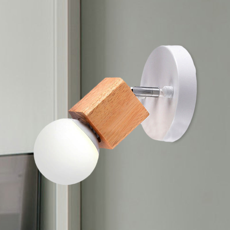 Black/White 1 Head Wall Light Sconce Industrial Style Wood Squared Wall Mount Light with Circular Backplate White Clearhalo 'Industrial wall lights' 'Industrial' 'Middle century wall lights' 'Rustic wall lights' 'Tiffany' 'Wall Lamps & Sconces' 'Wall Lights' Lighting' 1419708