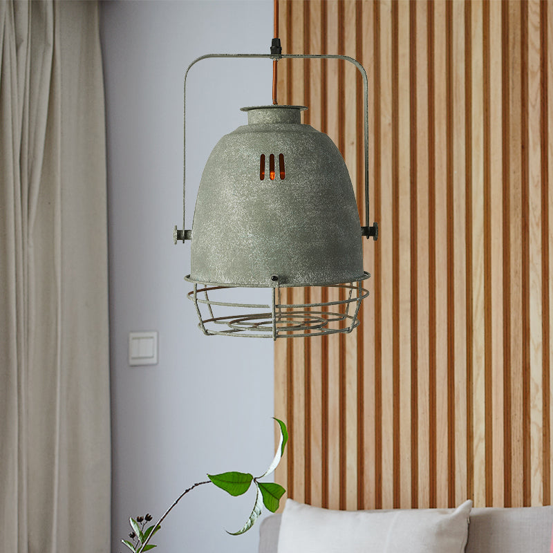 Wrought Iron Bell/Dome Shade Pendant Lighting Industrial 1 Light Living Room Hanging Lamp with Wire Guard in Grey Clearhalo 'Art Deco Pendants' 'Cast Iron' 'Ceiling Lights' 'Ceramic' 'Crystal' 'Industrial Pendants' 'Industrial' 'Metal' 'Middle Century Pendants' 'Pendant Lights' 'Pendants' 'Tiffany' Lighting' 1419773