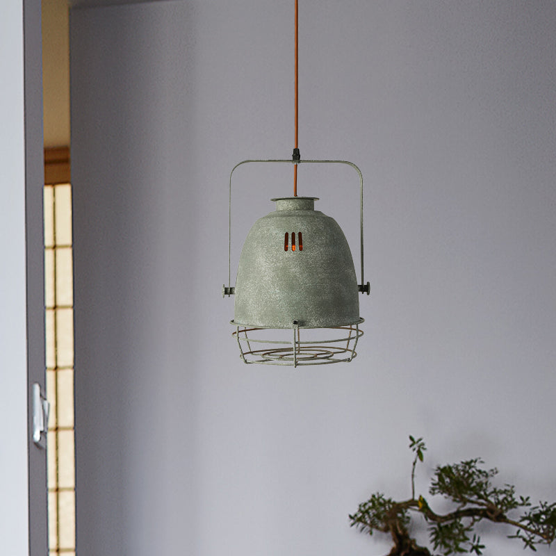 Wrought Iron Bell/Dome Shade Pendant Lighting Industrial 1 Light Living Room Hanging Lamp with Wire Guard in Grey Clearhalo 'Art Deco Pendants' 'Cast Iron' 'Ceiling Lights' 'Ceramic' 'Crystal' 'Industrial Pendants' 'Industrial' 'Metal' 'Middle Century Pendants' 'Pendant Lights' 'Pendants' 'Tiffany' Lighting' 1419774