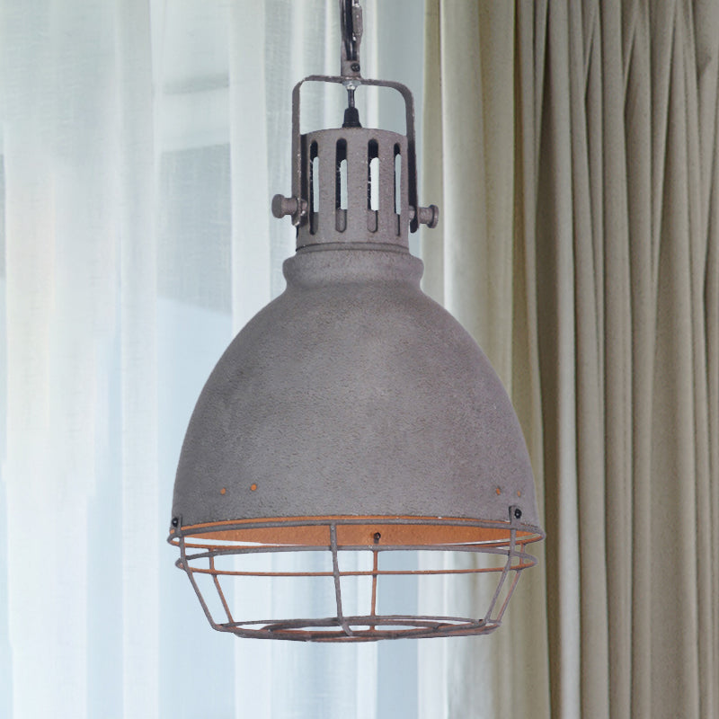 Wrought Iron Bell/Dome Shade Pendant Lighting Industrial 1 Light Living Room Hanging Lamp with Wire Guard in Grey Clearhalo 'Art Deco Pendants' 'Cast Iron' 'Ceiling Lights' 'Ceramic' 'Crystal' 'Industrial Pendants' 'Industrial' 'Metal' 'Middle Century Pendants' 'Pendant Lights' 'Pendants' 'Tiffany' Lighting' 1419775