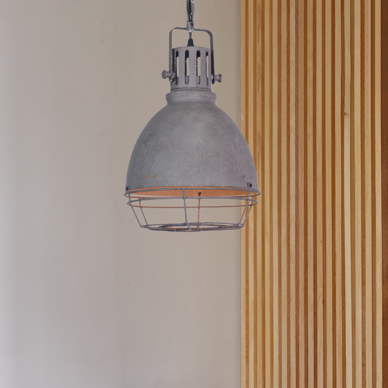 Wrought Iron Bell/Dome Shade Pendant Lighting Industrial 1 Light Living Room Hanging Lamp with Wire Guard in Grey Clearhalo 'Art Deco Pendants' 'Cast Iron' 'Ceiling Lights' 'Ceramic' 'Crystal' 'Industrial Pendants' 'Industrial' 'Metal' 'Middle Century Pendants' 'Pendant Lights' 'Pendants' 'Tiffany' Lighting' 1419776