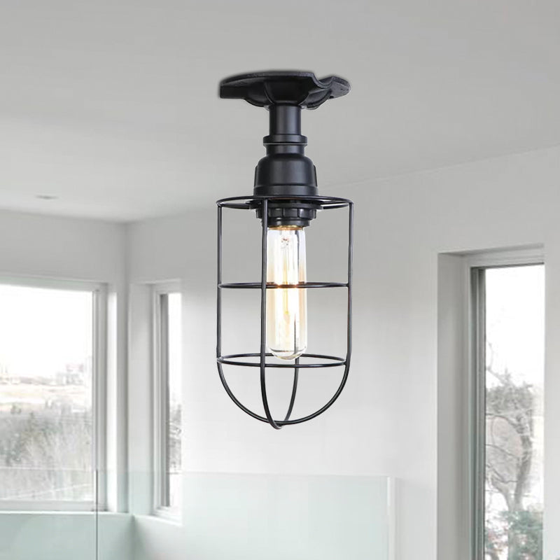 Black/Bronze 1 Bulb Semi-Flush Mount Light Vintage Metal Wire Guard Ceiling Mounted Light for Corridor Clearhalo 'Ceiling Lights' 'Close To Ceiling Lights' 'Close to ceiling' 'Semi-flushmount' Lighting' 1419838