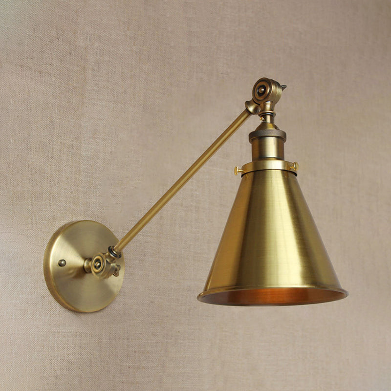 1 Light Wall Sconce Light with Tapered Shade Metallic Vintage Indoor Wall Lighting in Brass, 8"/12" Dia Clearhalo 'Art deco wall lights' 'Cast Iron' 'Glass' 'Industrial wall lights' 'Industrial' 'Middle century wall lights' 'Modern' 'Rustic wall lights' 'Tiffany' 'Traditional wall lights' 'Wall Lamps & Sconces' 'Wall Lights' Lighting' 1419913