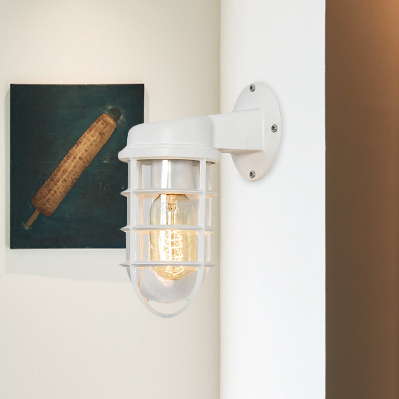 Clear Glass Black/White/Rust Sconce Light Cylinder 1-Light Traditional Wall Lamp Fixture for Porch with Caged Clearhalo 'Art deco wall lights' 'Cast Iron' 'Glass' 'Industrial wall lights' 'Industrial' 'Middle century wall lights' 'Modern' 'Rustic wall lights' 'Tiffany' 'Traditional wall lights' 'Wall Lamps & Sconces' 'Wall Lights' Lighting' 1420006