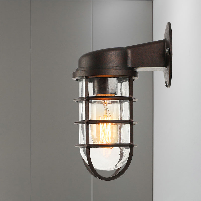 Clear Glass Black/White/Rust Sconce Light Cylinder 1-Light Traditional Wall Lamp Fixture for Porch with Caged Clearhalo 'Art deco wall lights' 'Cast Iron' 'Glass' 'Industrial wall lights' 'Industrial' 'Middle century wall lights' 'Modern' 'Rustic wall lights' 'Tiffany' 'Traditional wall lights' 'Wall Lamps & Sconces' 'Wall Lights' Lighting' 1420008