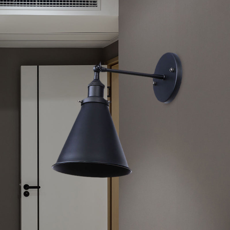 Black/Rust 1 Head Wall Lamp Farmhouse Style Wrought Iron Conical Adjustable Sconce Light Fixture for Outdoor Clearhalo 'Art deco wall lights' 'Cast Iron' 'Glass' 'Industrial wall lights' 'Industrial' 'Middle century wall lights' 'Modern' 'Rustic wall lights' 'Tiffany' 'Traditional wall lights' 'Wall Lamps & Sconces' 'Wall Lights' Lighting' 1420161