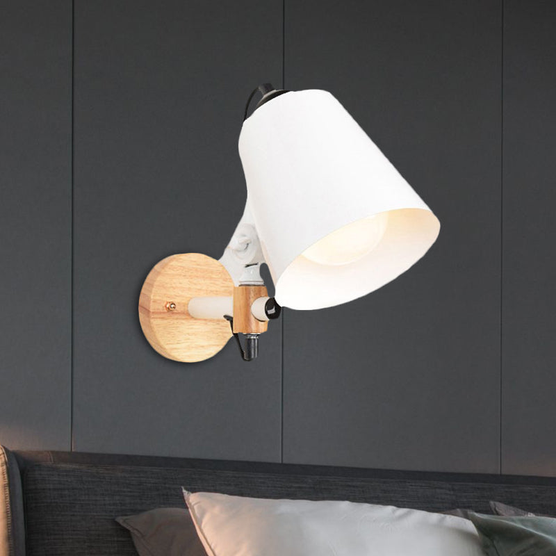 Bucket Shade Metal Wall Lamp Modernism 1 Light Corridor Wall Mount Light with Wooden Backplate in Black/White Clearhalo 'Cast Iron' 'Glass' 'Industrial' 'Modern wall lights' 'Modern' 'Tiffany' 'Traditional wall lights' 'Wall Lamps & Sconces' 'Wall Lights' Lighting' 1420377