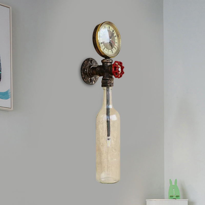 Brown/Blue Bottle Wall Sconce Lamp Vintage Stylish Glass 1 Bulb Living Room Wall Lighting with Gauge and Valve Clearhalo 'Cast Iron' 'Glass' 'Industrial wall lights' 'Industrial' 'Middle century wall lights' 'Modern' 'Tiffany' 'Traditional wall lights' 'Wall Lamps & Sconces' 'Wall Lights' Lighting' 1420400