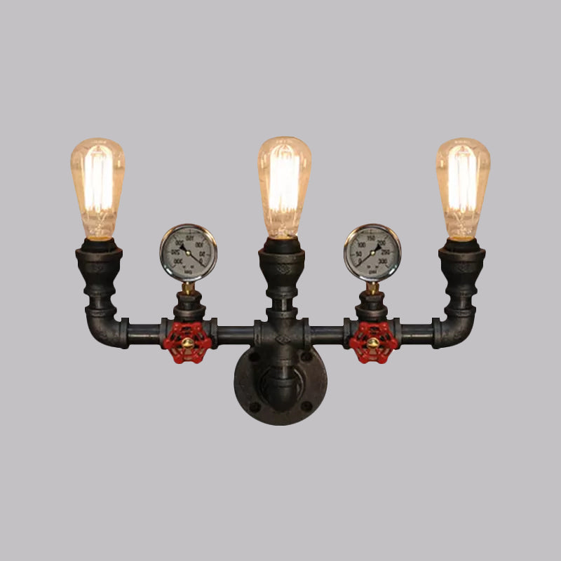 2/3 Lights Wall Mount Light with Pipe and Gauge Metal Steampunk Restaurant Wall Lighting in Black Clearhalo 'Art deco wall lights' 'Cast Iron' 'Glass' 'Industrial wall lights' 'Industrial' 'Middle century wall lights' 'Modern' 'Rustic wall lights' 'Tiffany' 'Traditional wall lights' 'Wall Lamps & Sconces' 'Wall Lights' Lighting' 1420410