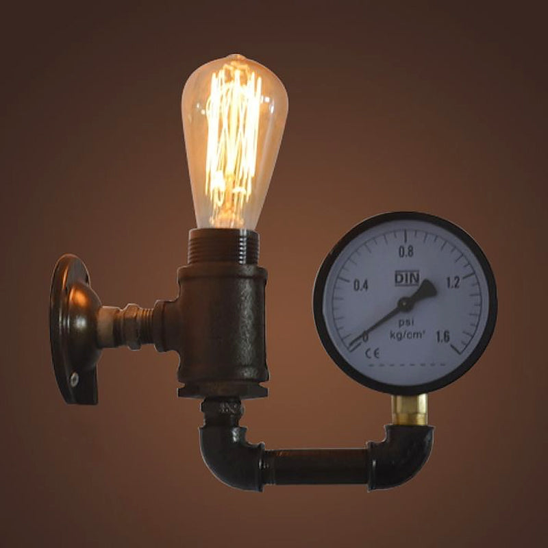 Black Water Pipe Wall Sconce Industrial Metal 1 Light Living Room Mini Wall Lighting with Gauge/Faucet Decoration Clearhalo 'Art deco wall lights' 'Cast Iron' 'Glass' 'Industrial wall lights' 'Industrial' 'Middle century wall lights' 'Modern' 'Rustic wall lights' 'Tiffany' 'Traditional wall lights' 'Wall Lamps & Sconces' 'Wall Lights' Lighting' 1420421