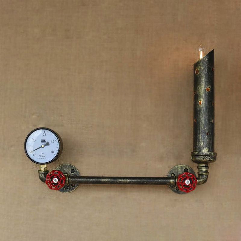 Wrought Iron Tubed Sconce Lighting with Valve and Gauge Vintage 1 Light Living Room Wall Sconce Lamp in Aged Brass/Black Clearhalo 'Art deco wall lights' 'Cast Iron' 'Glass' 'Industrial wall lights' 'Industrial' 'Middle century wall lights' 'Modern' 'Rustic wall lights' 'Tiffany' 'Traditional wall lights' 'Wall Lamps & Sconces' 'Wall Lights' Lighting' 1420427