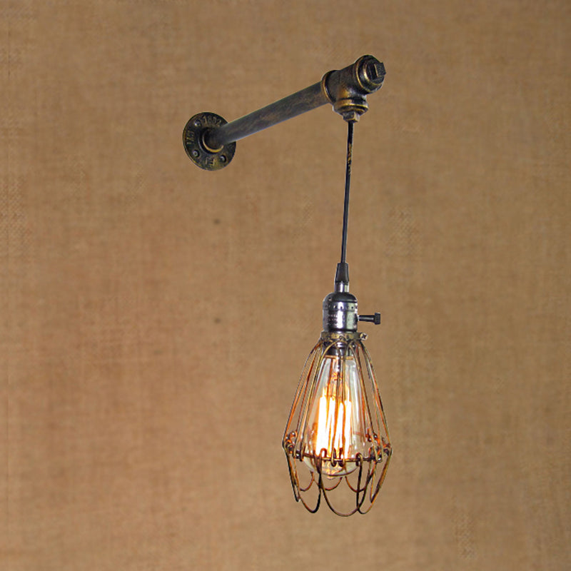 1 Head Iron Wall Lamp Rustic Style Antique Brass Caged Shade Dining Room Wall Light Fixture with Pipe Clearhalo 'Art deco wall lights' 'Cast Iron' 'Glass' 'Industrial wall lights' 'Industrial' 'Middle century wall lights' 'Modern' 'Rustic wall lights' 'Tiffany' 'Traditional wall lights' 'Wall Lamps & Sconces' 'Wall Lights' Lighting' 1420446