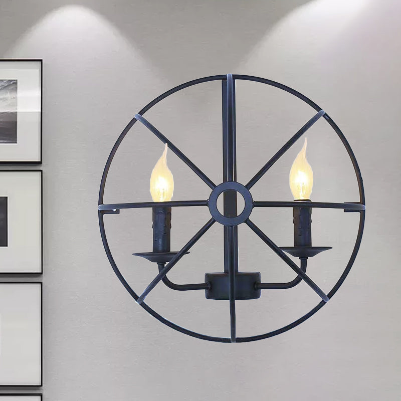 Circle Caged Iron Wall Lighting with Candle Design Industrial 2/3 Lights Dining Room Wall Sconce Light in Black Clearhalo 'Art deco wall lights' 'Cast Iron' 'Glass' 'Industrial wall lights' 'Industrial' 'Middle century wall lights' 'Modern' 'Rustic wall lights' 'Tiffany' 'Traditional wall lights' 'Wall Lamps & Sconces' 'Wall Lights' Lighting' 1420498