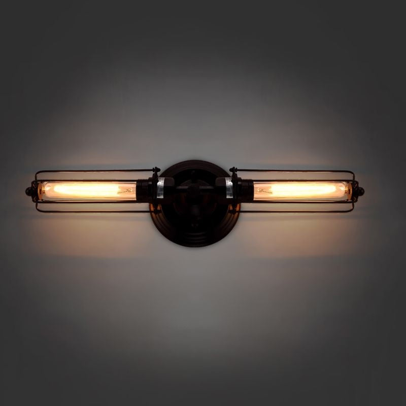2 Lights Tube Cage Wall Lighting with Linear Design Industrial Style Rust/Black Metallic Wall Lamp for Corridor Clearhalo 'Art deco wall lights' 'Cast Iron' 'Glass' 'Industrial wall lights' 'Industrial' 'Middle century wall lights' 'Modern' 'Rustic wall lights' 'Tiffany' 'Traditional wall lights' 'Wall Lamps & Sconces' 'Wall Lights' Lighting' 1420500