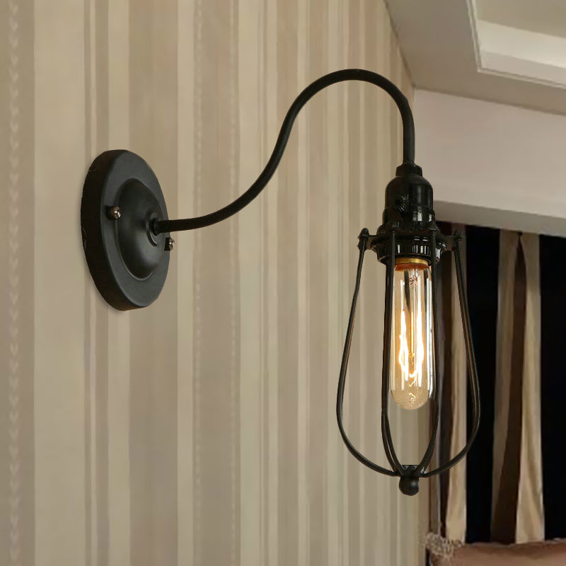 Metallic Oval/Teardrop/Bulb Wall Lighting with Wire Guard Industrial 1 Light Balcony Wall Mounted Lamp in Black Clearhalo 'Art deco wall lights' 'Cast Iron' 'Glass' 'Industrial wall lights' 'Industrial' 'Middle century wall lights' 'Modern' 'Rustic wall lights' 'Tiffany' 'Traditional wall lights' 'Wall Lamps & Sconces' 'Wall Lights' Lighting' 1420517