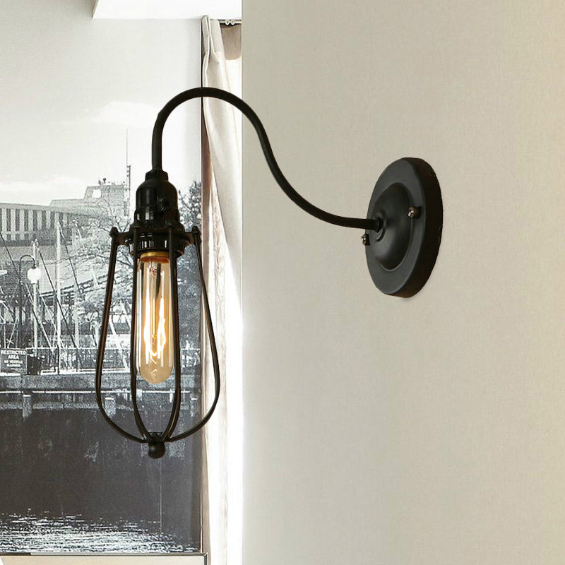 Metallic Oval/Teardrop/Bulb Wall Lighting with Wire Guard Industrial 1 Light Balcony Wall Mounted Lamp in Black Clearhalo 'Art deco wall lights' 'Cast Iron' 'Glass' 'Industrial wall lights' 'Industrial' 'Middle century wall lights' 'Modern' 'Rustic wall lights' 'Tiffany' 'Traditional wall lights' 'Wall Lamps & Sconces' 'Wall Lights' Lighting' 1420518