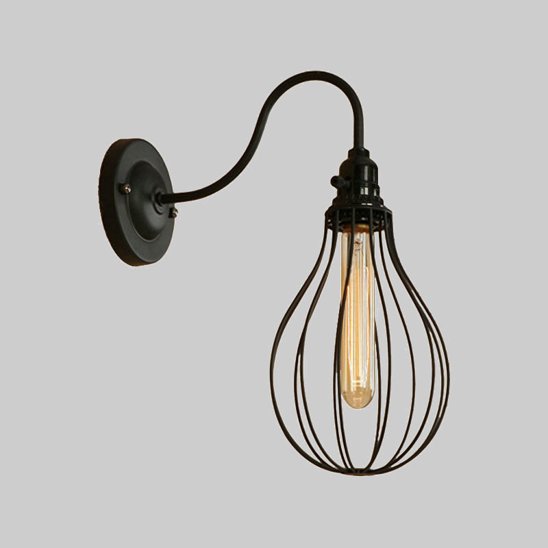 Metallic Oval/Teardrop/Bulb Wall Lighting with Wire Guard Industrial 1 Light Balcony Wall Mounted Lamp in Black Clearhalo 'Art deco wall lights' 'Cast Iron' 'Glass' 'Industrial wall lights' 'Industrial' 'Middle century wall lights' 'Modern' 'Rustic wall lights' 'Tiffany' 'Traditional wall lights' 'Wall Lamps & Sconces' 'Wall Lights' Lighting' 1420519